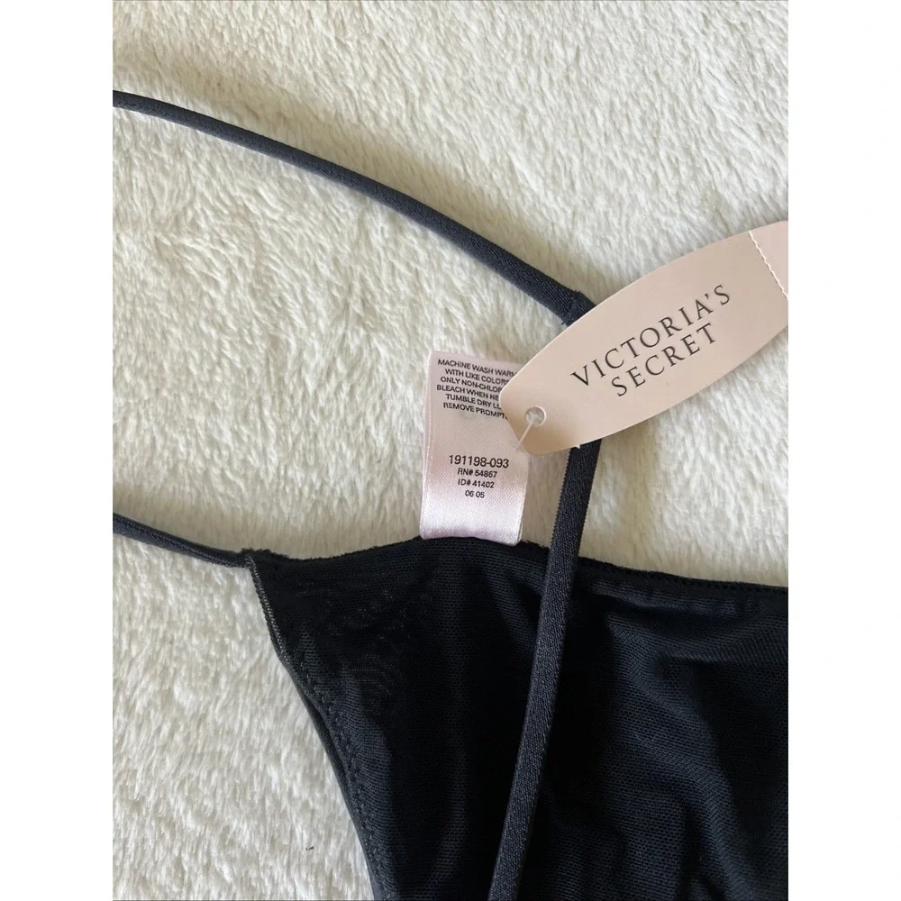 Vintage Victoria's Secret L Very Sexy Satin Black Rhinestone Bling V-String Y2K
